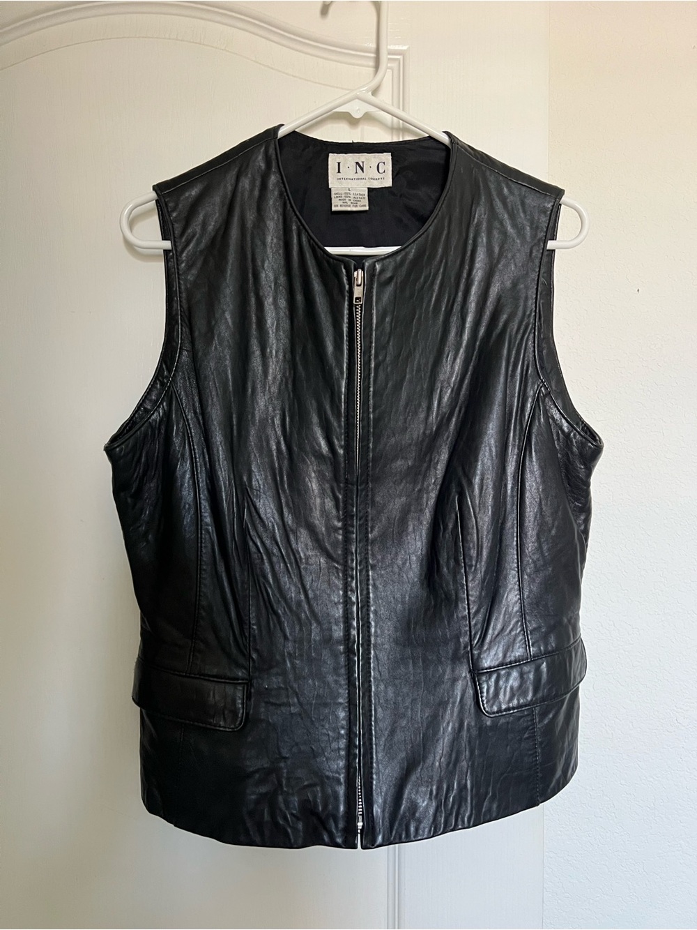 INC International Concepts Black Leather Zip-Front Sleeveless Vest